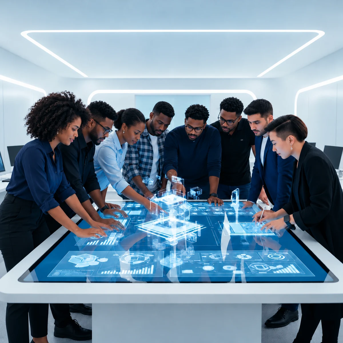 Illustrative diverse engineering team collaborating on digital solutions
