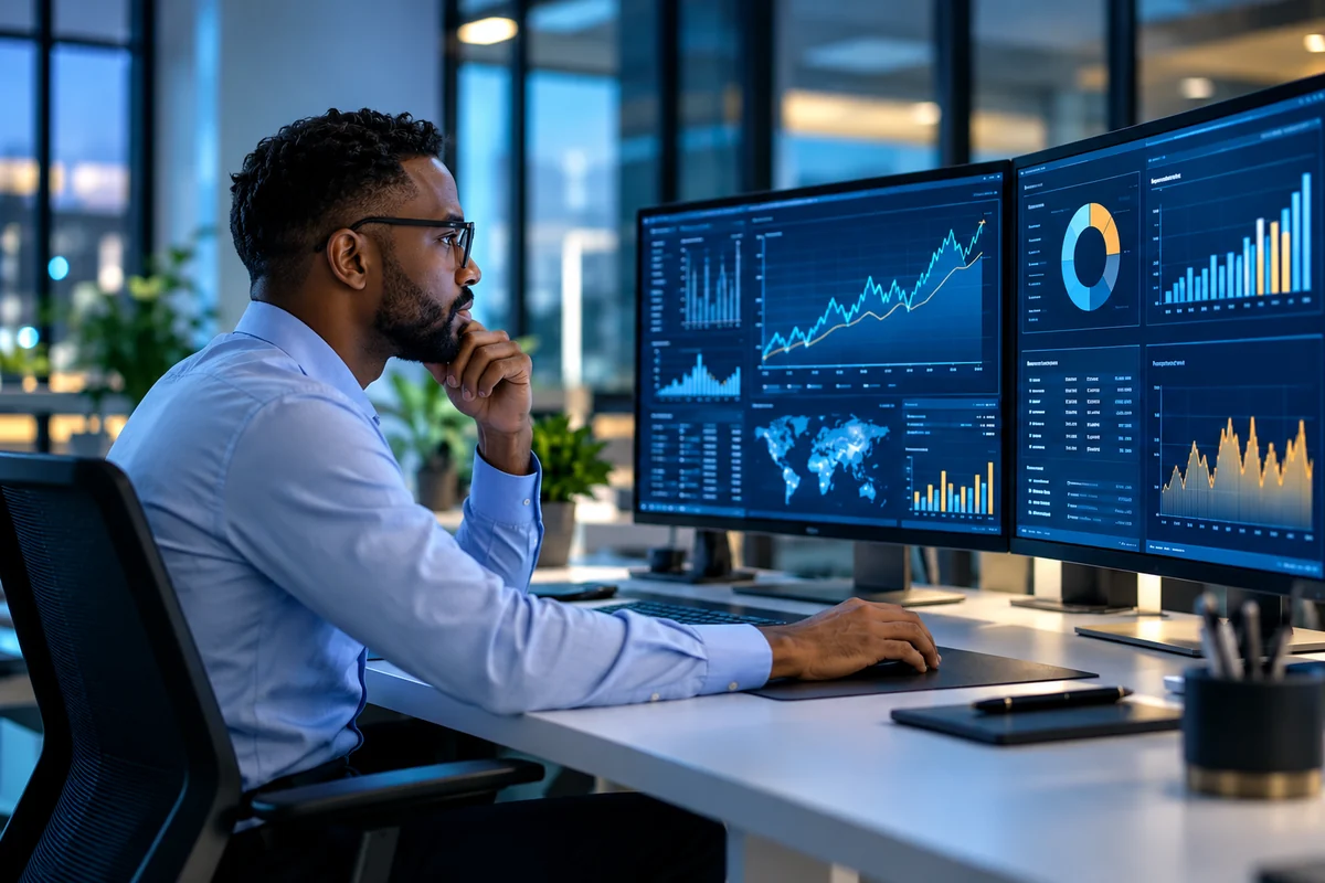 Analyst reviewing business dashboards and visual reports