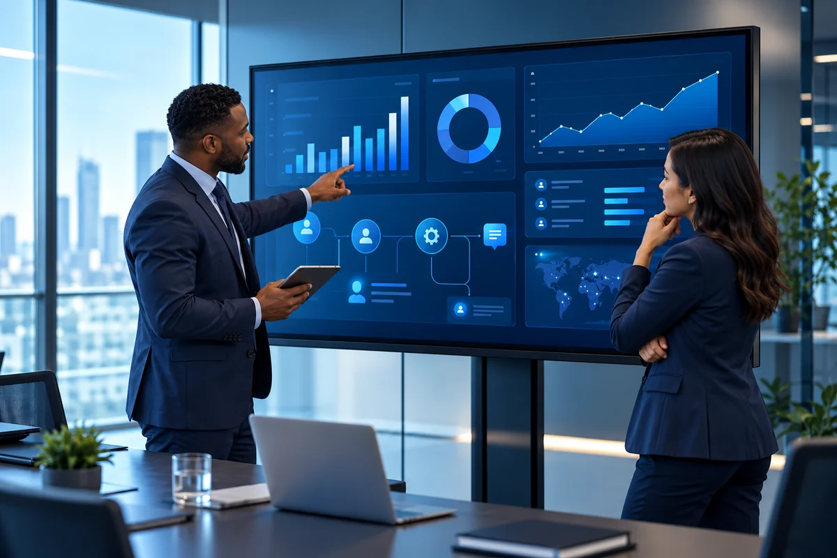 Business specialists reviewing enterprise workflows and customer data