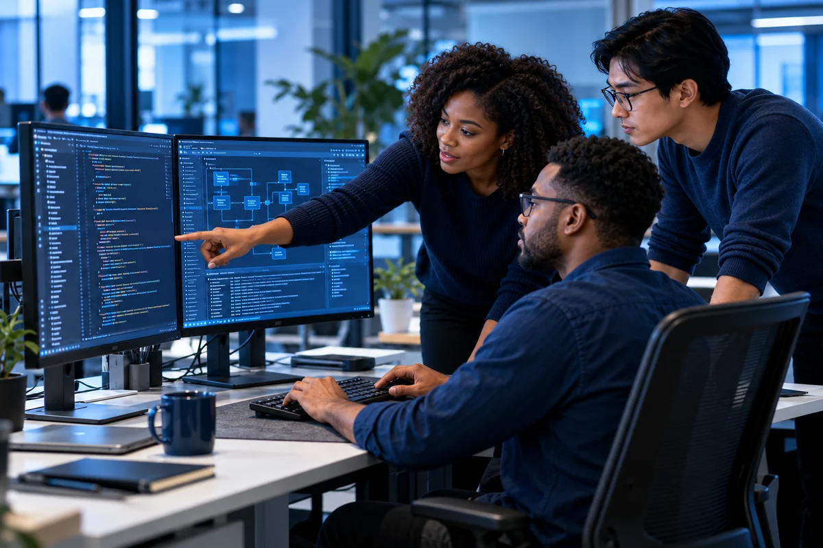 Software engineers collaborating on enterprise application development